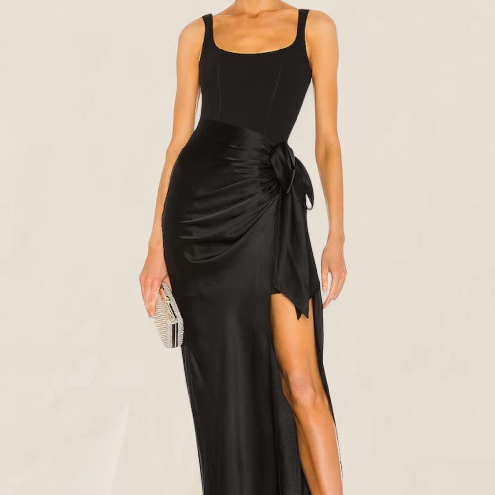 Mable silky draped bow side autumn wedding guest maxi slit size small